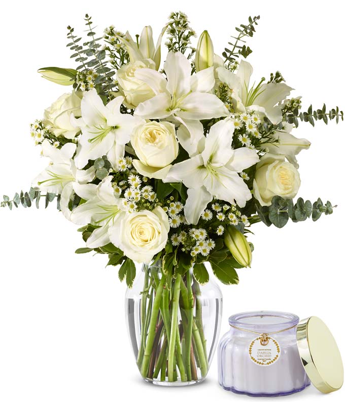 With All Our Sympathy Lily Arrangement with Scented Candle