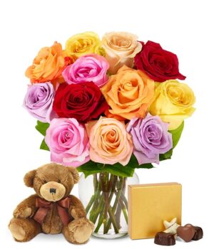 One Dozen Rainbow Roses with Bear & Chocolates