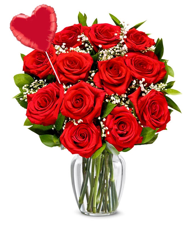 One Dozen Red Roses + Heart Balloon