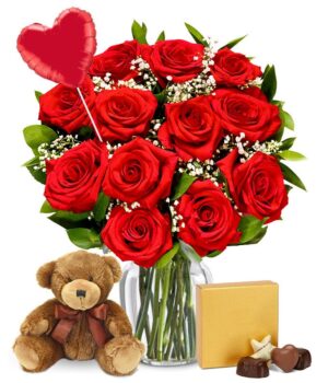 One Dozen Red Roses + Heart Balloon + Chocolate + Bear