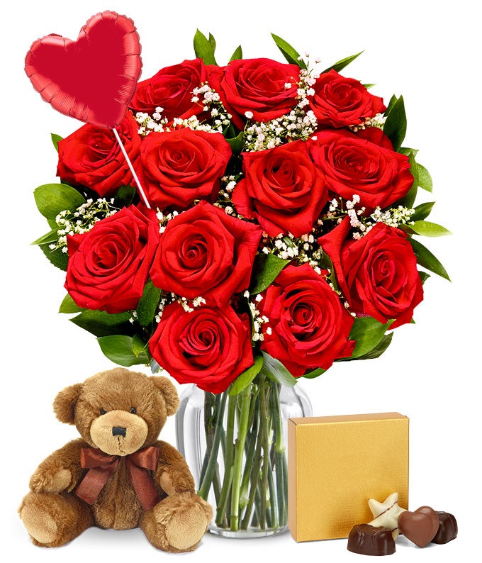 One Dozen Red Roses + Heart Balloon + Chocolate + Bear
