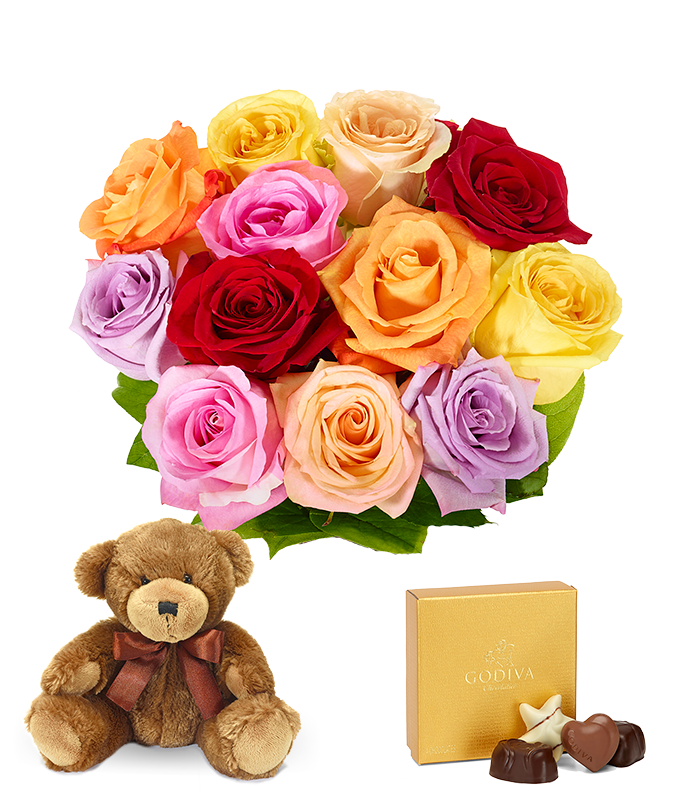 One Dozen Rainbow Roses + Chocolate + Bear - Image 2