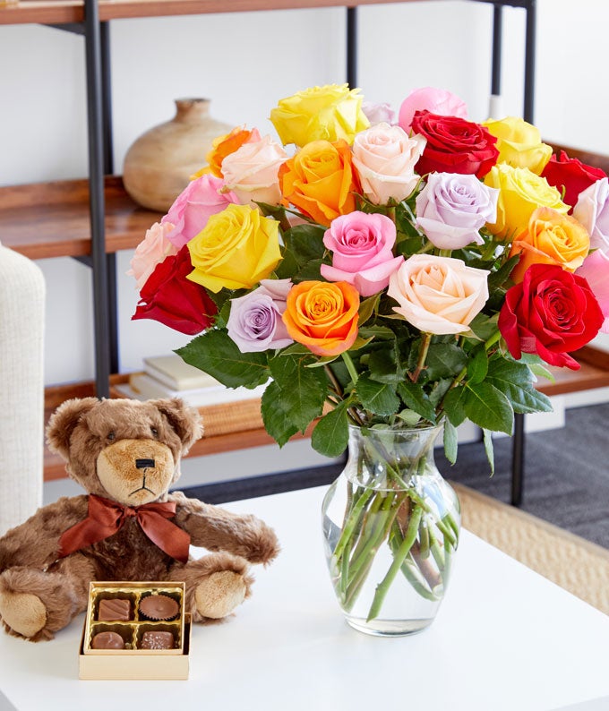 Two Dozen Rainbow Roses + Chocolate + Bear - Image 3