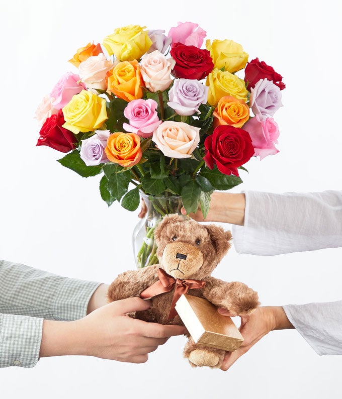 Two Dozen Rainbow Roses + Chocolate + Bear - Image 4