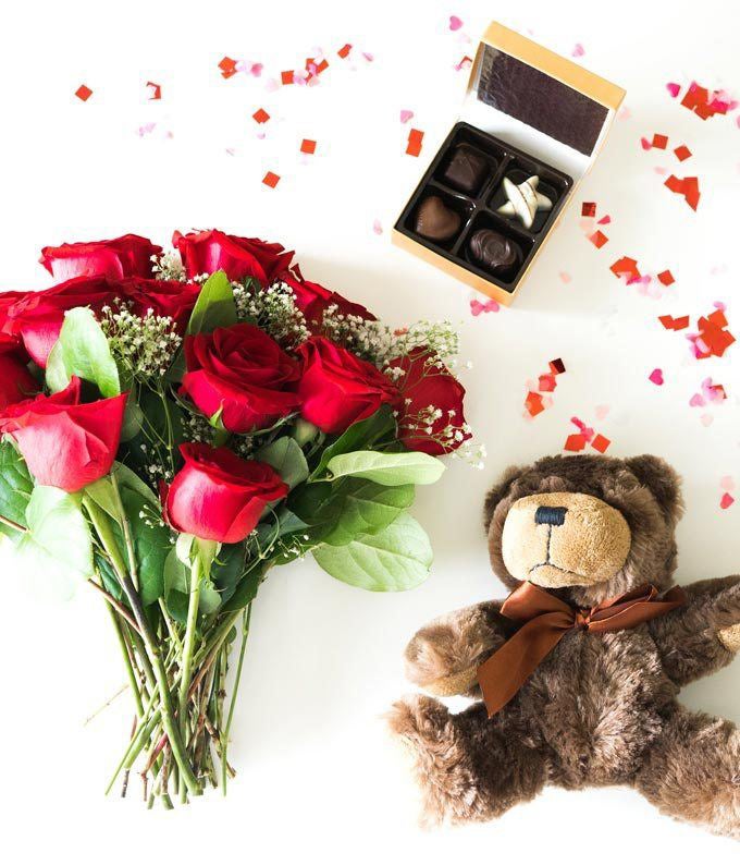 One Dozen Red Roses + Chocolate + Bear - Image 4