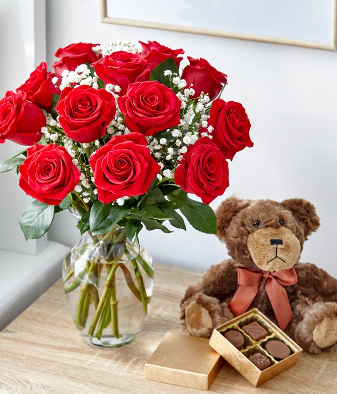 One Dozen Red Roses + Chocolate + Bear - Image 5