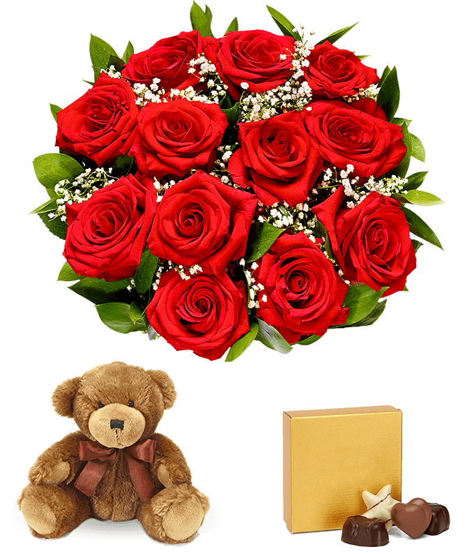 One Dozen Red Roses + Chocolate + Bear - Image 2