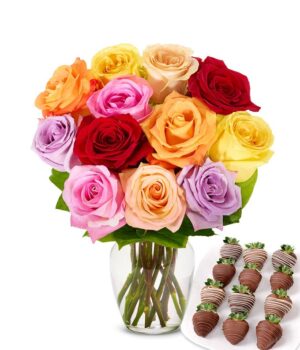 One Dozen Rainbow Roses with Drizzled Berries