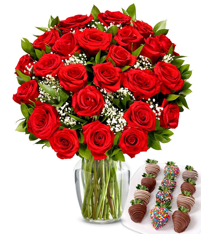 Two Dozen Red Roses with Belgian Chocolate Birthday Berries