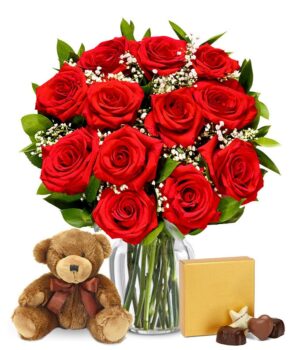 One Dozen Long Stem Red Roses w/ Chocolates & Bear