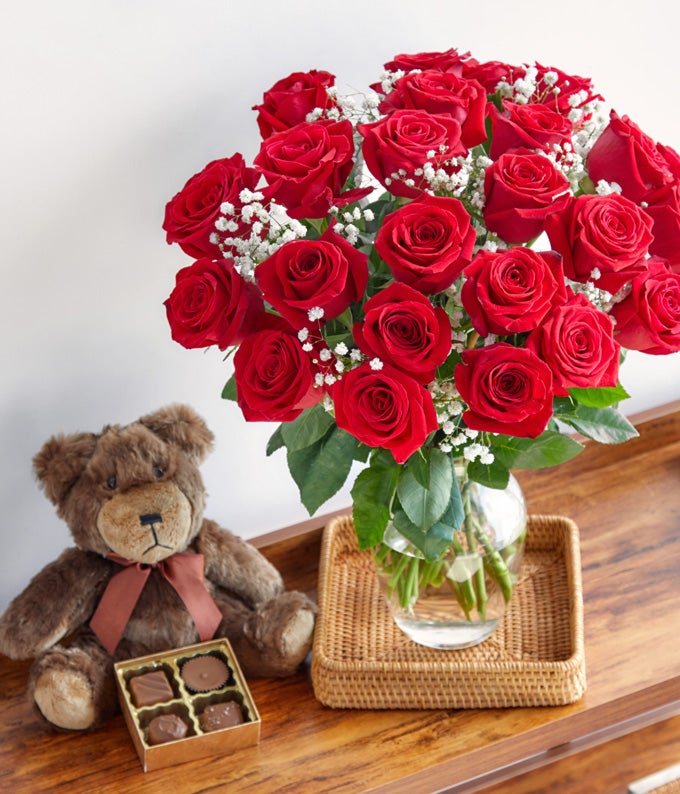 Two Dozen Long Stemmed Red Roses with Chocolates & Bear - Image 4