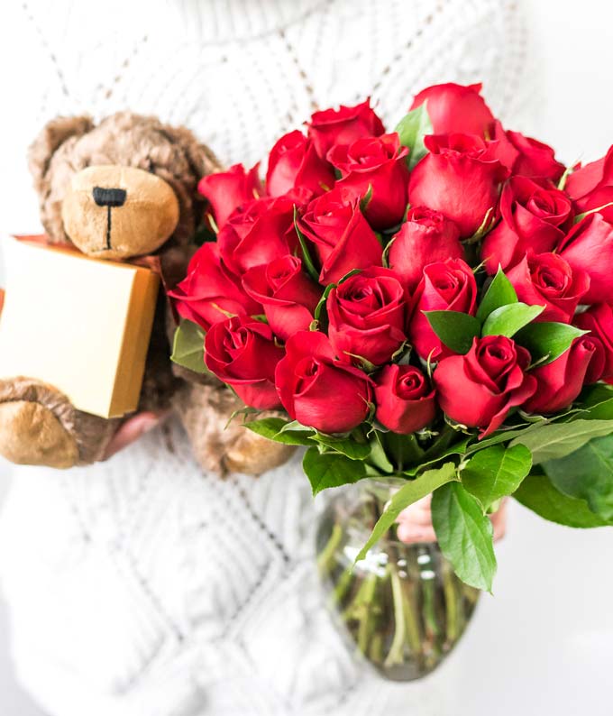 Two Dozen Long Stemmed Red Roses with Chocolates & Bear - Image 5