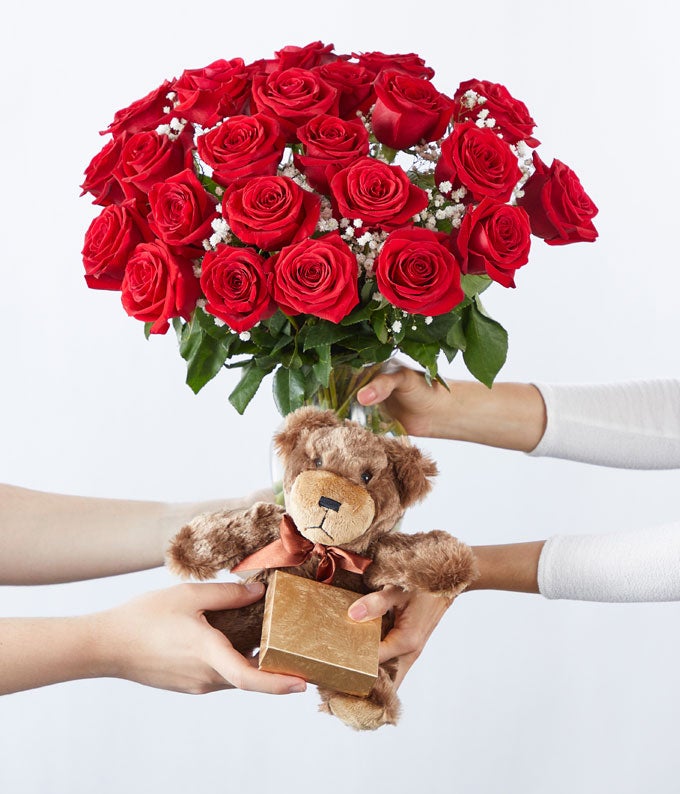 Two Dozen Long Stemmed Red Roses with Chocolates & Bear - Image 6