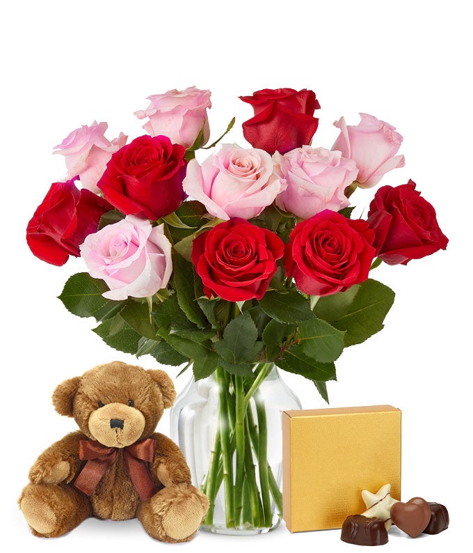 One Dozen Red & Pink Roses with Chocolates and a Bear