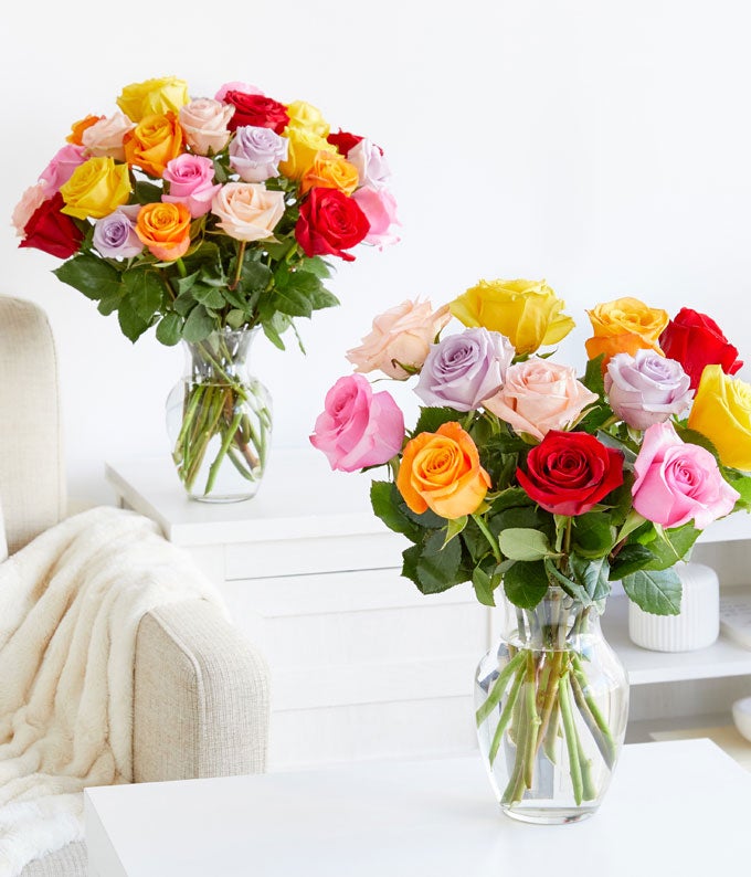 One Dozen Rainbow Roses with Chocolates & Bear - Image 2