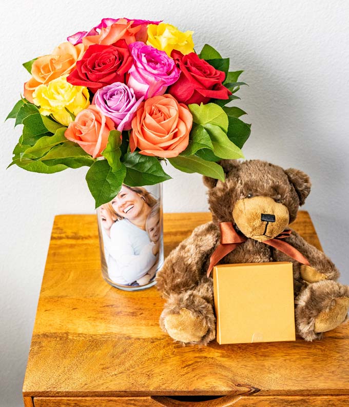 One Dozen Rainbow Roses with Chocolates & Bear - Image 4