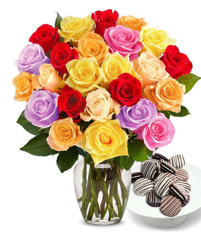Two Dozen Rainbow Roses with Drizzled Oreos