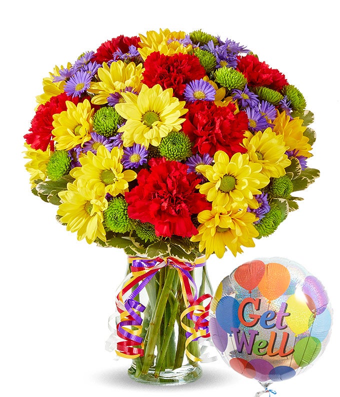Festive Floral Garden with Get Well Soon Balloon